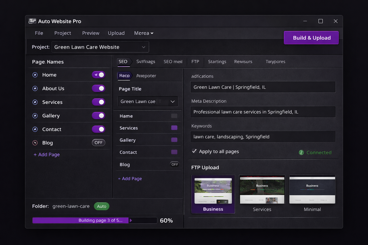 Auto Website Pro showing the multi-page builder panel with page toggles on the left, SEO fields and FTP upload settings on the right, and a Build and Upload button in the toolbar